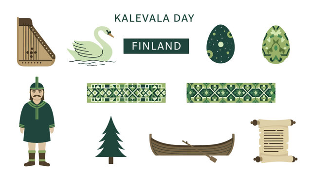 Kalevala Day graphic elements featuring Finnish cultural items in green and brown tones