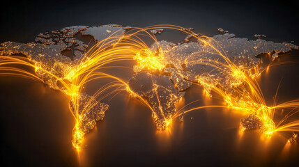 Glowing global network connections map illustrating worldwide communication and data exchange with bright illuminated routes across continents at night time