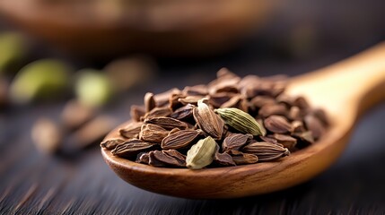 Aromatic fennel seeds in wooden spoon on rustic table, natural spice for cooking and herbal tea preparation in kitchen setting.