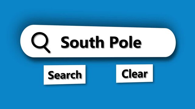 Search bar with text South Pole and buttons Search and Clear on blue background search engine internet search