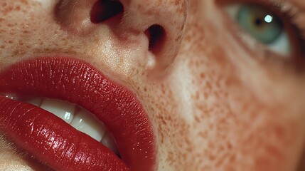 Obraz premium Close-up portrait of young Caucasian woman with freckled skin, red glossy lipstick and green eyes. Natural beauty and skincare concept for cosmetics.