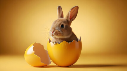 Cute baby rabbit hatching from golden Easter egg vector illustration flat design