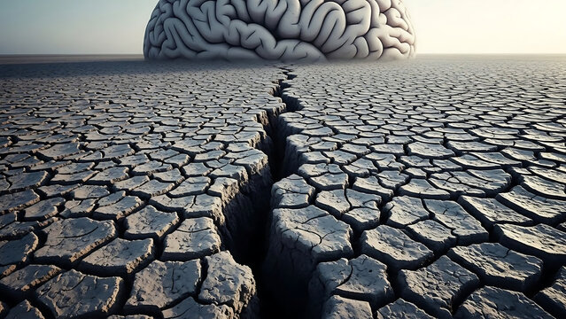 Cracked earth landscape with giant brain in drought desolate scene