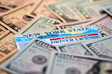 New York state driving license among big amount of US dollar bills close up