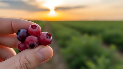 Hand holding fresh ripe blueberries at sunset in agricultural field. Organic berry harvest concept for healthy eating and farming lifestyle.