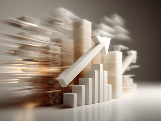 minimalist abstract visualization of financial growth, rising geometric bars and arrows forming a dynamic composition. Neutral studio background. Slightly angled perspective for depth and motion.