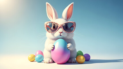 Cute Easter Bunny with Sunglasses Holding Colorful Eggs Vector Illustration