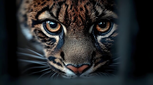 Close-up portrait of young leopard cub with intense amber eyes and detailed spotted fur pattern. Wildlife photography showcasing natural beauty and predator features.