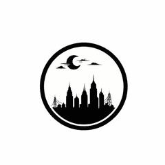 Urban Night Skyline Silhouette with Crescent Moon and Clouds.