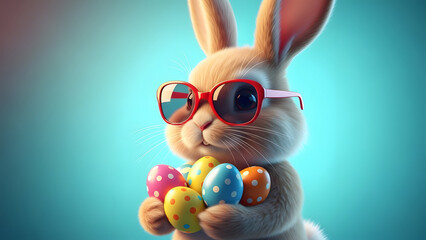 Cute Easter Bunny with Red Glasses Holding Colorful Eggs Vector Illustration