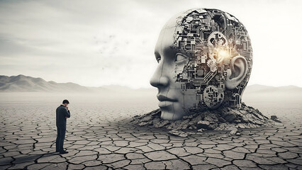 Man standing before futuristic robotic head in desolate landscape