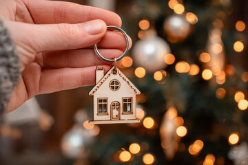 Hand holding a wooden house-shaped keychain with warm holiday lights and festive decorations softly glowing in the background indoors