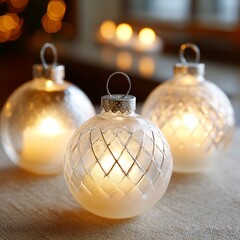 Frosted glass ornaments glowing under festive candlelight