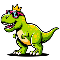 Fototapeta premium T-Rex Dinosaur Wearing Sunglasses and Crown – Fun Cartoon Tyrannosaurus Character for Kids, Stickers, Merch, and Branding Designs