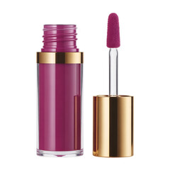 An open luxurious vibrant magenta liquid lipstick with a shiny gold accent and a soft applicator, isolated on transparent background