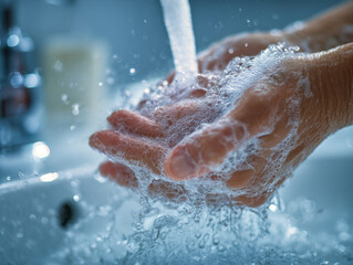 Fototapeta premium Person washing hands thoroughly with soap under running water to promote hygiene and prevent the spread of germs in a clean sink setting