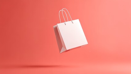 Minimalist white shopping bag floating against a vibrant coral red background