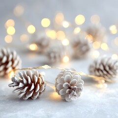 Frosted pinecones glowing under golden fairy lights
