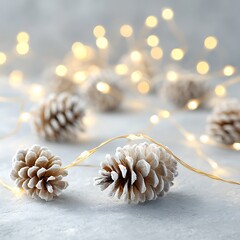 Frosted pinecones glowing under golden fairy lights