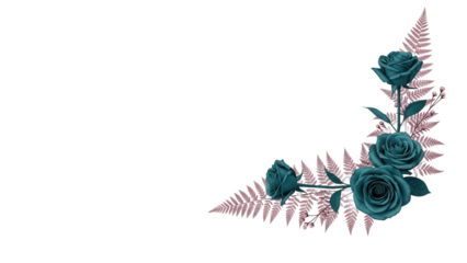 Minimal botanical corner element with roses and fern in deep teal and mauve isolated on white background
