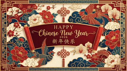 Happy Chinese New Year Celebration with Red Lanterns, Gold Accents, and Festive Decorations