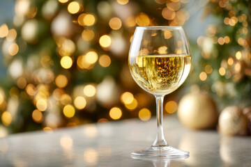 A glass of white wine on a marble table with festive golden bokeh lights and holiday decorations softly blurred in the background creating a warm ambiance