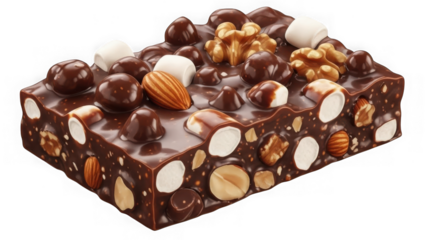 Chocolate candy bar with nuts and marshmallows on top