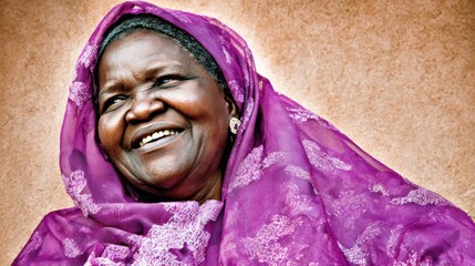 a middleaged african woman joyfully laughing in front of a neutral backdrop adorned with a traditional headscarf she radiates happiness and confidence creating a vibrant and culturally rich image wit