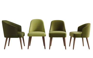 Obraz premium A row of four stylish modern upholstered dining chairs with wooden legs in varying green tones studio shot, isolated on transparent background