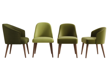 A row of four stylish modern upholstered dining chairs with wooden legs in varying green tones studio shot, isolated on transparent background