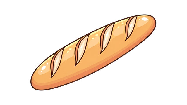 Flat illustration of a French baguette bread with shiny crust and scoring lines on white background.