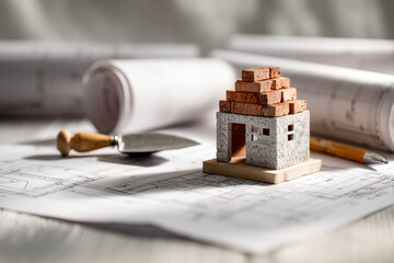 Small textured model house with brick roof on top of architectural blueprints surrounded by rolled plans trowel and pencil on wooden table surface