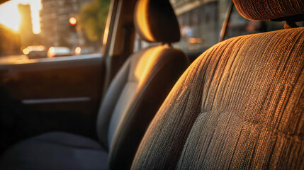 Textured fabric car seats glowing under warm sunlight with a blurred city street in the background during golden hour reflecting urban travel ambiance