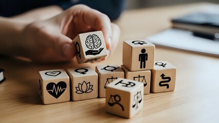 Hand arranging wooden cubes with health and wellness icons on office desk for healthcare planning and medical concept design.