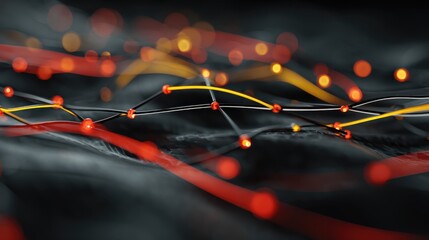 a vibrant network of illuminated nodes linked by glowing lines on a background of a flowing digital pattern creating a sense of advanced technology and peaceful movement