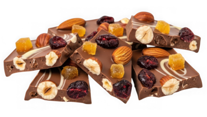 Chocolate pieces with nuts and dried fruits on white