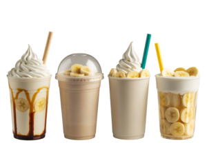 Four banana milkshakes and smoothies in different cups topped with whipped cream and fresh fruit, isolated on transparent background