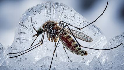 Mosquito trapped in ice with water droplets, close up macro shot with blurred background, insect...