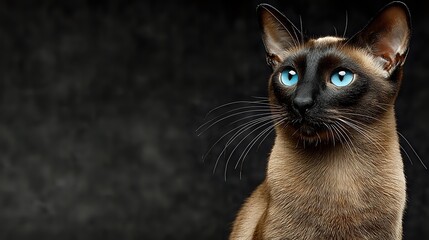 Siamese cat with striking blue eyes and dark points on ears and face against black background. Elegant feline portrait showcasing breed characteristics.