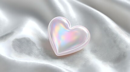 Fototapeta premium Holographic heart shape with iridescent rainbow colors on soft white silk fabric background for romantic design projects and love-themed decorations.