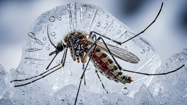 Mosquito trapped in ice with water droplets, close up macro shot with blurred background, insect stuck in frozen water