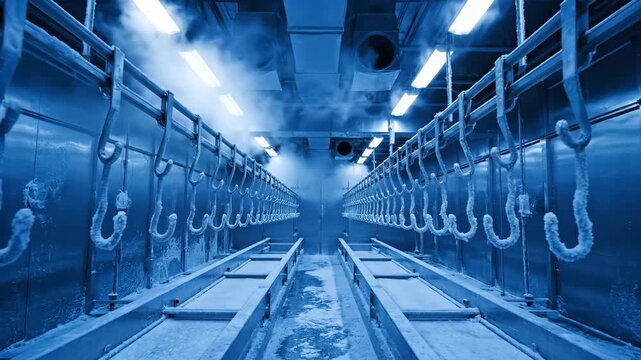 A long cold storage facility corridor with rows of metal shelves and hooks in a blue-toned industrial environment viewed from the center