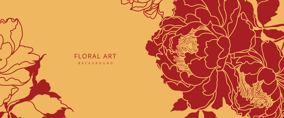 Luxury golden Chinese floral background with hand drawn red peonies. Vector design template for card, wall poster, business card, flyer, banner, wedding invitation, cover