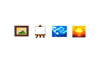 Obraz premium Pixel art icons representing art, creativity, and nature scenes