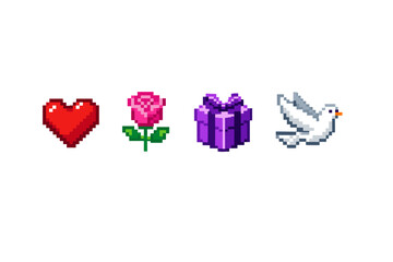 Pixel art icons of a heart, rose, gift box, and dove on a white background