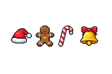 Pixel art Christmas icons: Santa hat, gingerbread man, candy cane, and bell