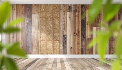 Modern interior with vertical woven panel on rustic wood wall, diagonal plank floor, and blurred green plants.