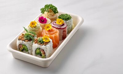 Sushi Delight: A mouthwatering array of sushi rolls, delicately adorned with edible flowers and fresh ingredients, arranged in a pristine serving container, inviting a delightful culinary experience.