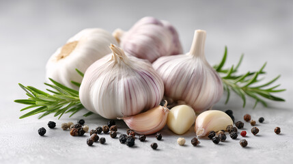 Aromatic Culinary Fusion: A close-up shot of several garlic bulbs, cloves, rosemary, and peppercorns, arranged beautifully. The photograph exudes freshness and a culinary mood.