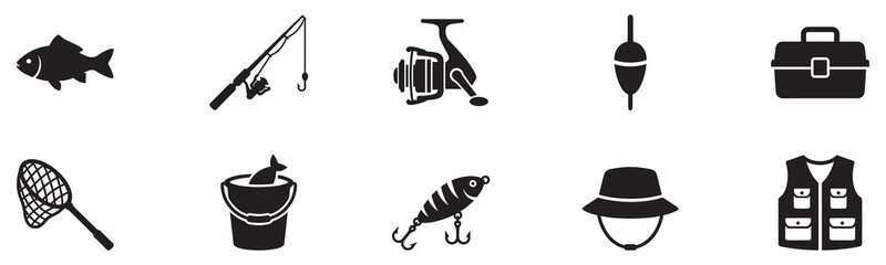 Fishing icon set. Fishing gear icons. Solid style icons of fishing gear and methods: fishing pole with hook, net icon, bait bucket, tackle box, fish. Vector Illustration. © Jeremy_Show